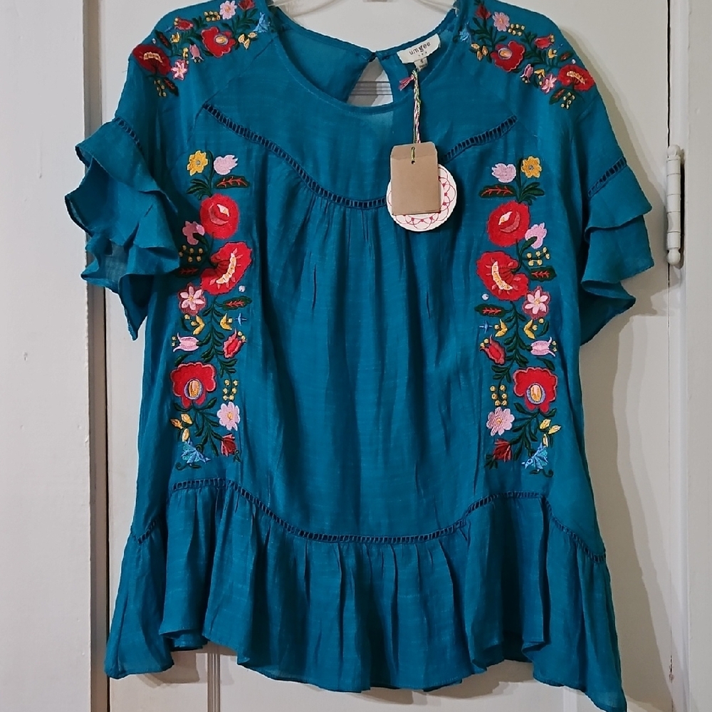 Umgee Embroidered Teal Ruffle Sleeve Top